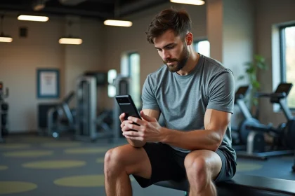 Jeune homme en sport vérifiant son plan d'entraînement dans une salle de gym