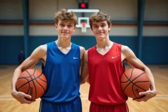 Deux adolescents basketteurs en maillots de club en gymnase