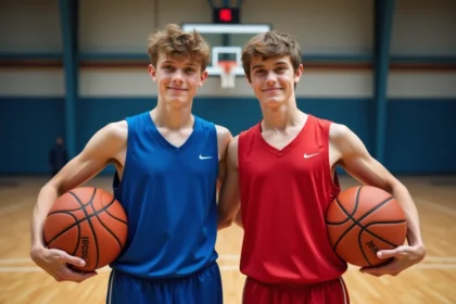 Deux adolescents basketteurs en maillots de club en gymnase
