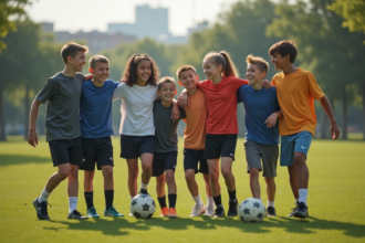 Groupe de jeunes jouant au football en plein air