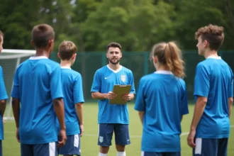 Jeunes footballeurs en équipe avec coach sur terrain