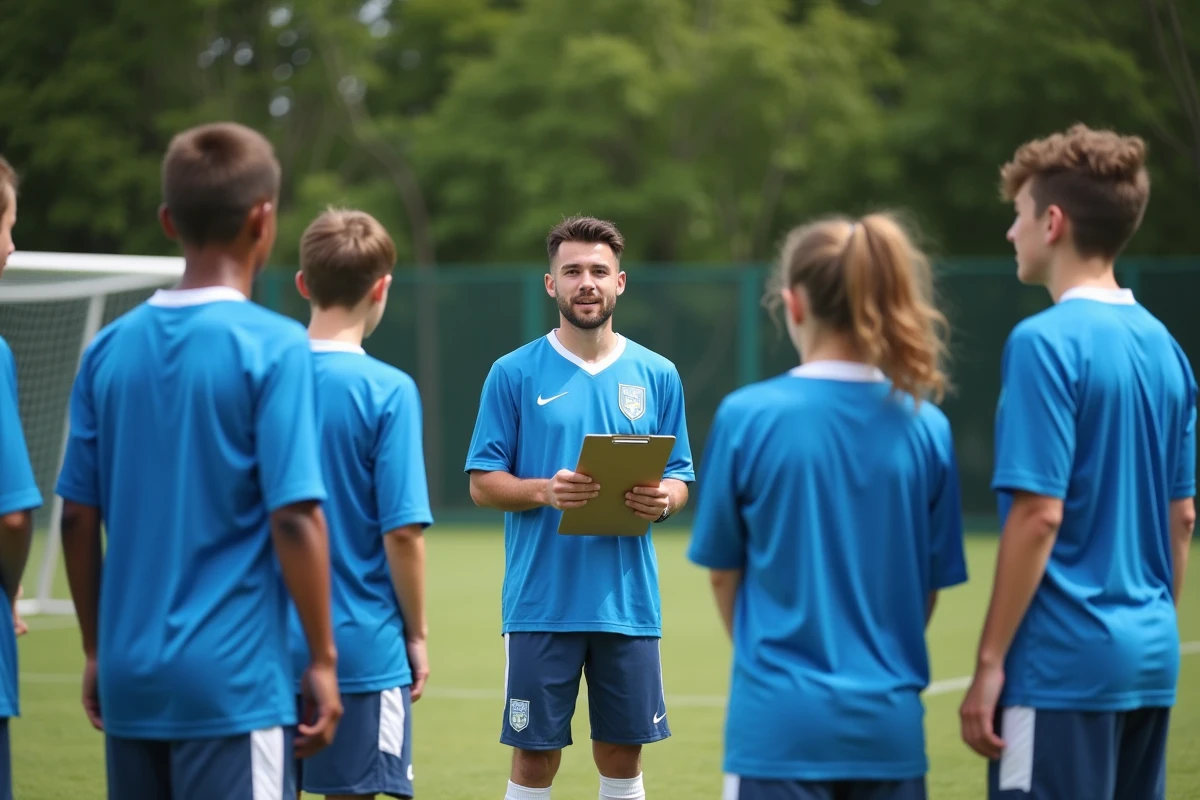 Jeunes footballeurs en équipe avec coach sur terrain