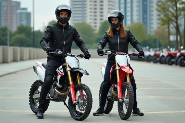 Deux jeunes adultes avec motos supermoto en ville