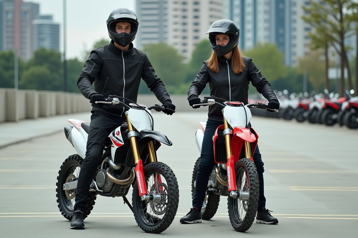 Deux jeunes adultes avec motos supermoto en ville