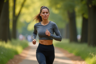 Femme sportive en jogging dans un parc verdoyant