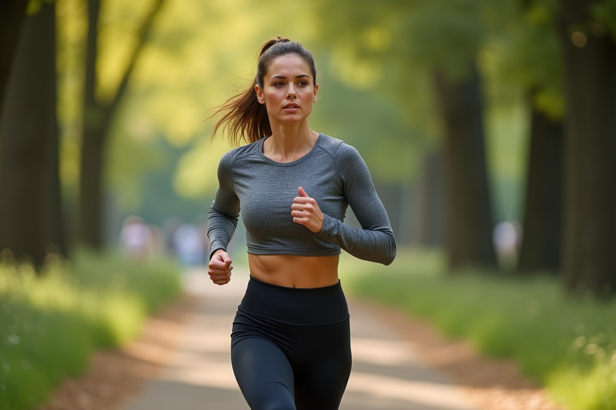 Femme sportive en jogging dans un parc verdoyant