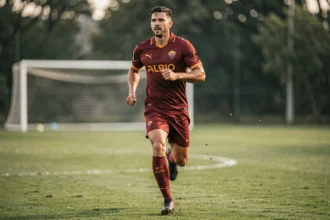 Joueur de l'AS Roma en maillot rouge et or lors d'un entraînement sur le terrain d'entraînement officiel du club
