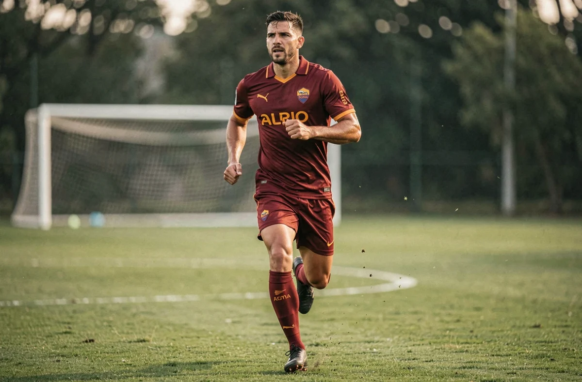 Joueur de l'AS Roma en maillot rouge et or lors d'un entraînement sur le terrain d'entraînement officiel du club