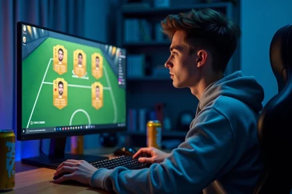 Joueur de football virtuel FC 25 construisant son équipe ultime avec des DCE sur un écran gaming