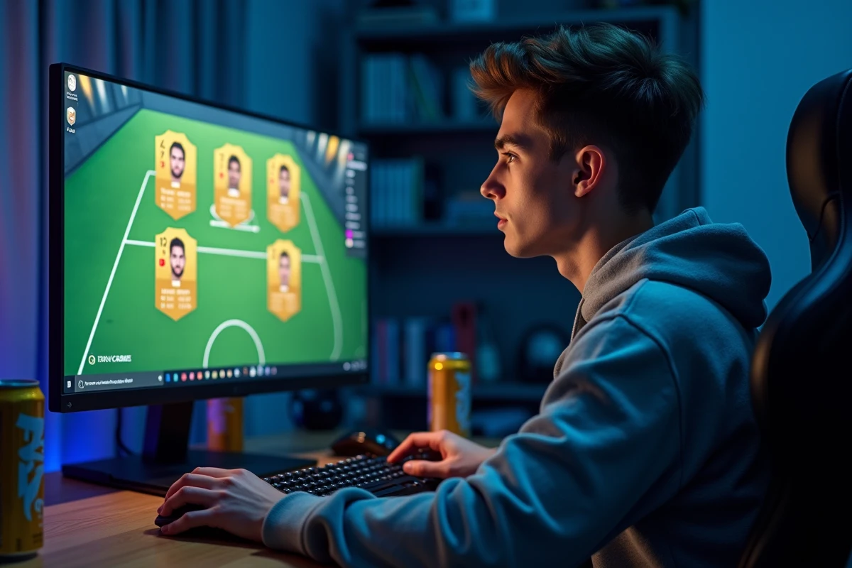Joueur de football virtuel FC 25 construisant son équipe ultime avec des DCE sur un écran gaming