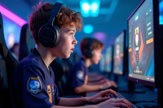 Jeune garçon en jersey gaming joue intensément à l'ordinateur