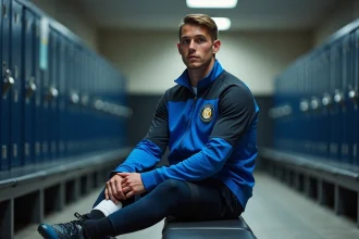 Jeune joueur de football en entraînement avec veste bleue