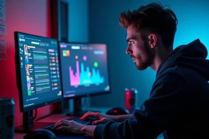 Joueur de League of Legends frustré devant ses rangs et son MMR caché sur deux écrans de jeu