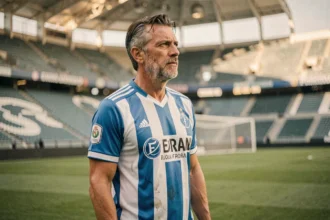 Joueur légendaire du FC Porto en maillot bleu et blanc sur la pelouse du Stádio do Dragão, regard mélancolique évoquant une carrière historique
