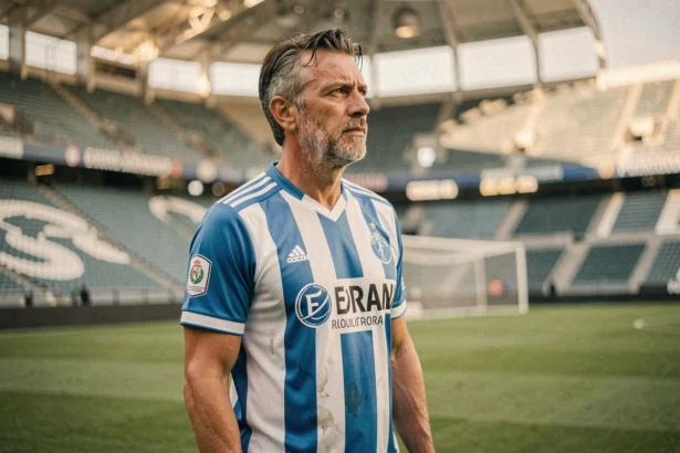 Joueur légendaire du FC Porto en maillot bleu et blanc sur la pelouse du Stádio do Dragão, regard mélancolique évoquant une carrière historique
