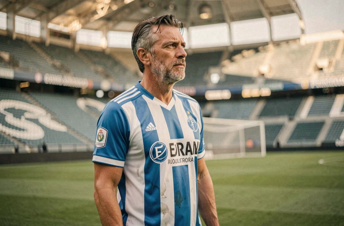 Joueur légendaire du FC Porto en maillot bleu et blanc sur la pelouse du Stádio do Dragão, regard mélancolique évoquant une carrière historique