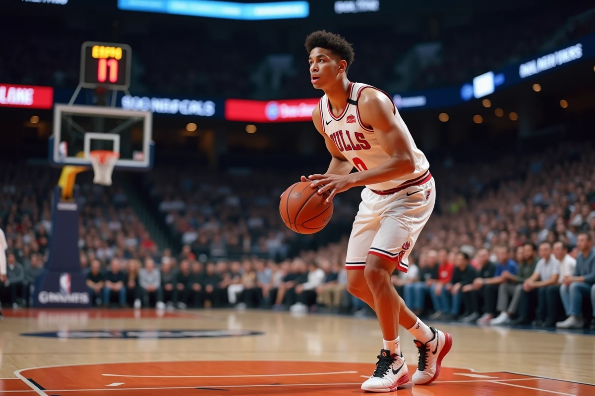 Jeune joueur NBA dribblant lors d’un match professionnel