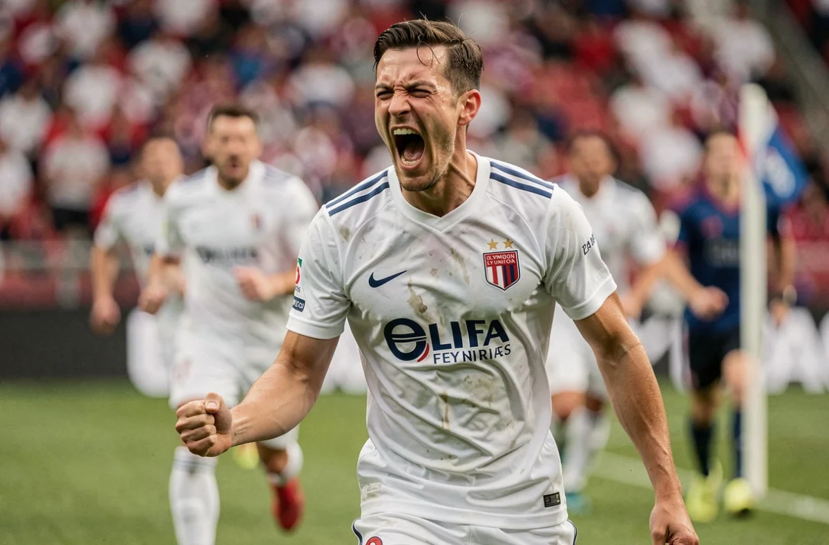 Joueur de l'OL célébrant un but décisif lors d'un match qui a marqué l'histoire du club lyonnais