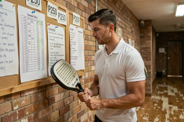Joueur de padel analysant le tableau des tournois P250 affiché dans un club sportif