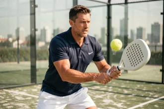 Joueur de padel masculin en train d'exécuter un revers précis sur un court extérieur avec parois en verre, illustrant la progression technique au padel en 2026
