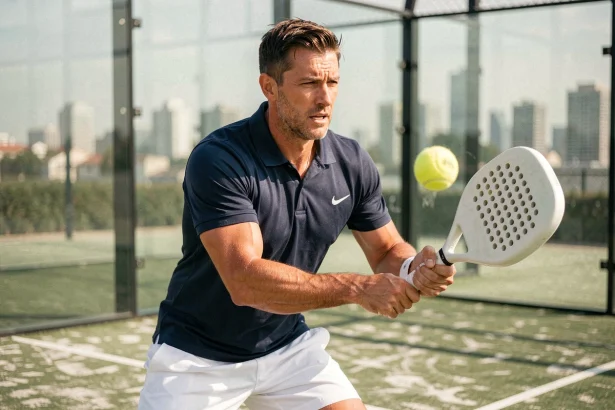 Joueur de padel masculin en train d'exécuter un revers précis sur un court extérieur avec parois en verre, illustrant la progression technique au padel en 2026