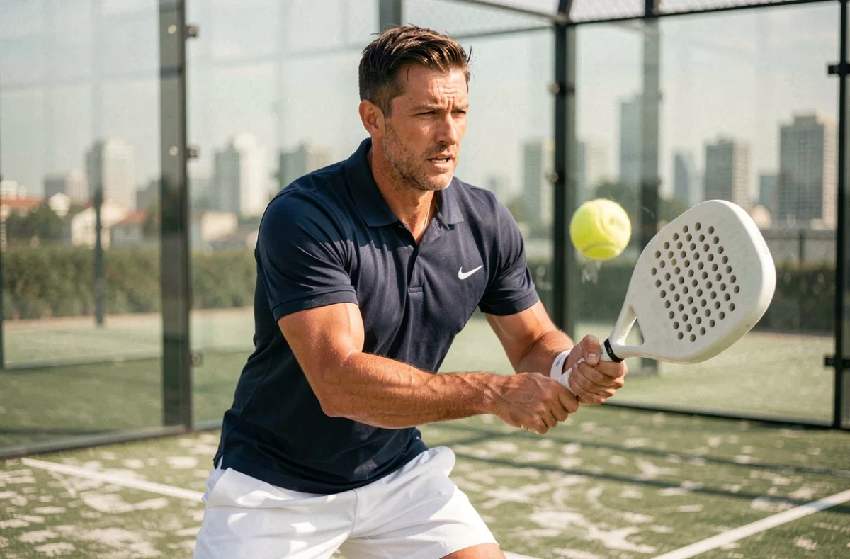 Joueur de padel masculin en train d'exécuter un revers précis sur un court extérieur avec parois en verre, illustrant la progression technique au padel en 2026