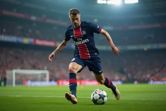 Joueur du PSG en action sur la pelouse du Parc des Princes lors d'un match de Ligue 1 en 2026