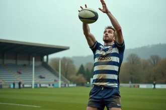 Joueur de rugby en Fédérale 2 captant un ballon en l'air lors d'un match de poule sur terrain boueux
