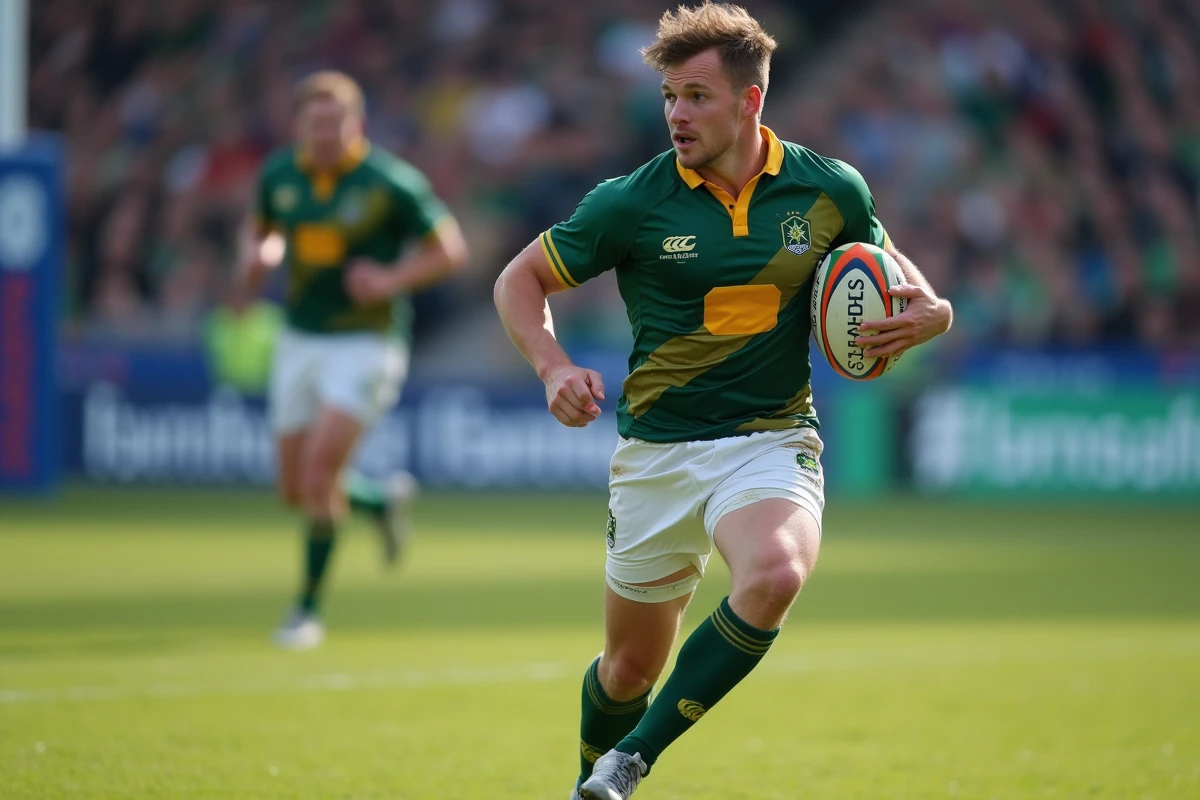 Joueur de rugby en plein sprint avec le ballon ovale lors d'un match du championnat Fédérale 2026