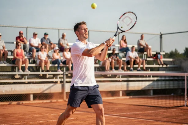 Joueur de tennis amateur en train de servir sur un court en terre battue lors d'un tournoi amateur