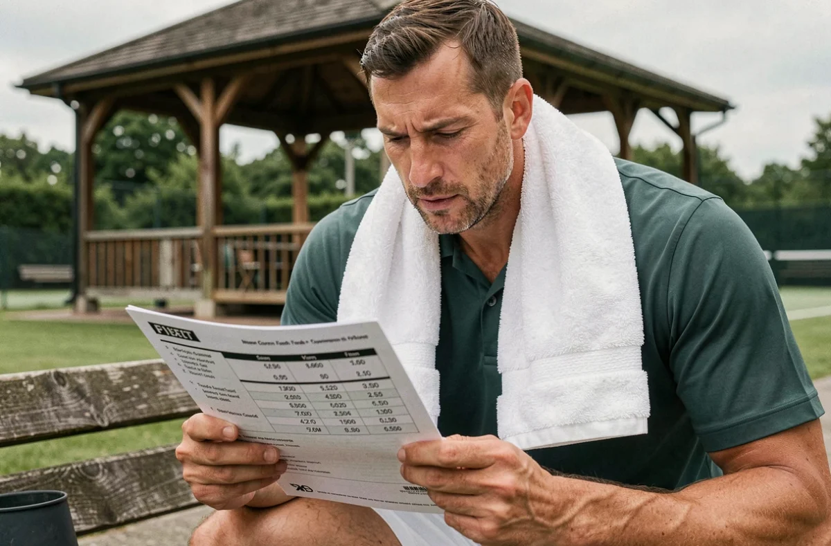 Joueur de tennis consultant les règles de format de sets sur une fiche de tournoi pendant une pause de match