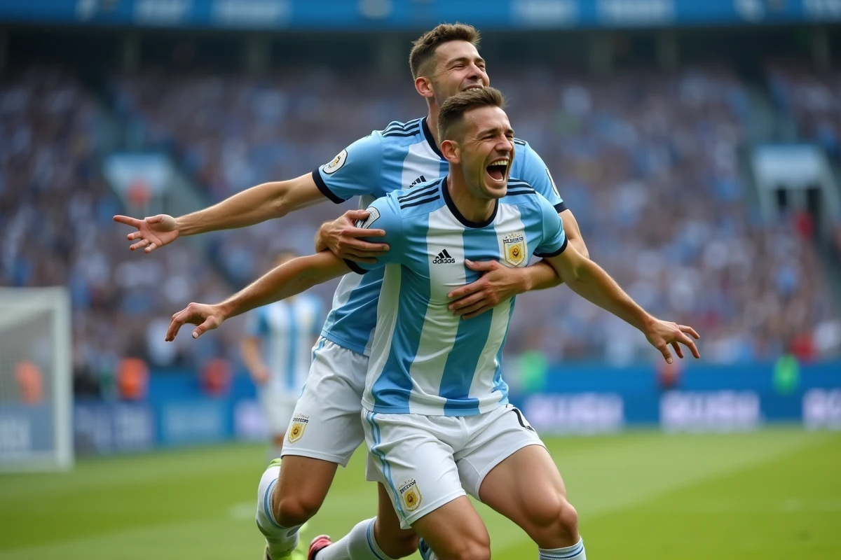 Deux joueurs argentins célébrant un but avec joie et spontanéité lors d'un match international