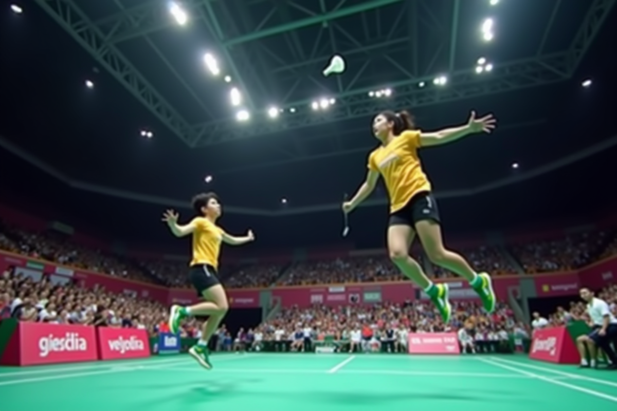 Deux joueurs de badminton en plein saut lors d'un match de doubles dynamique