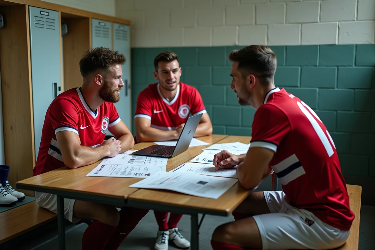 Joueurs de football amateur du district Haute-Loire discutant du budget et des équipements de la saison autour d'une table dans un vestiaire de club