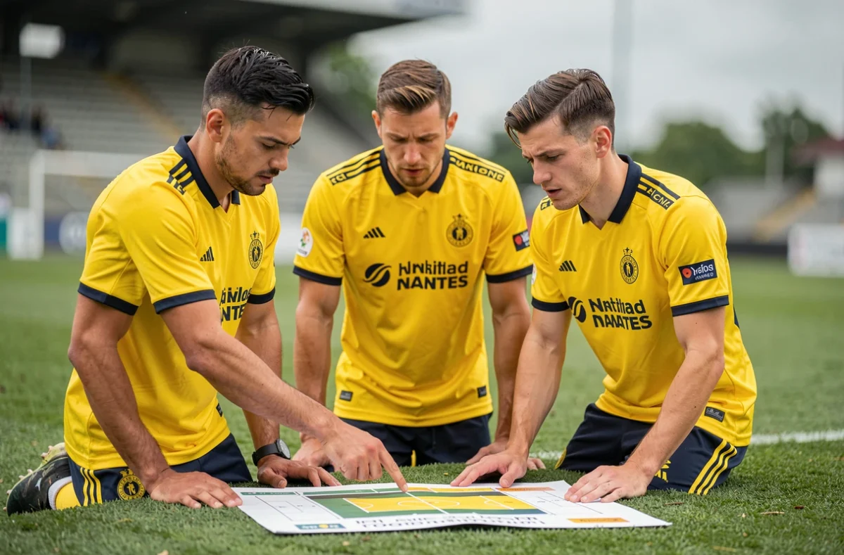 Joueurs du FC Nantes étudiant un plan tactique en bord de terrain à l'entraînement