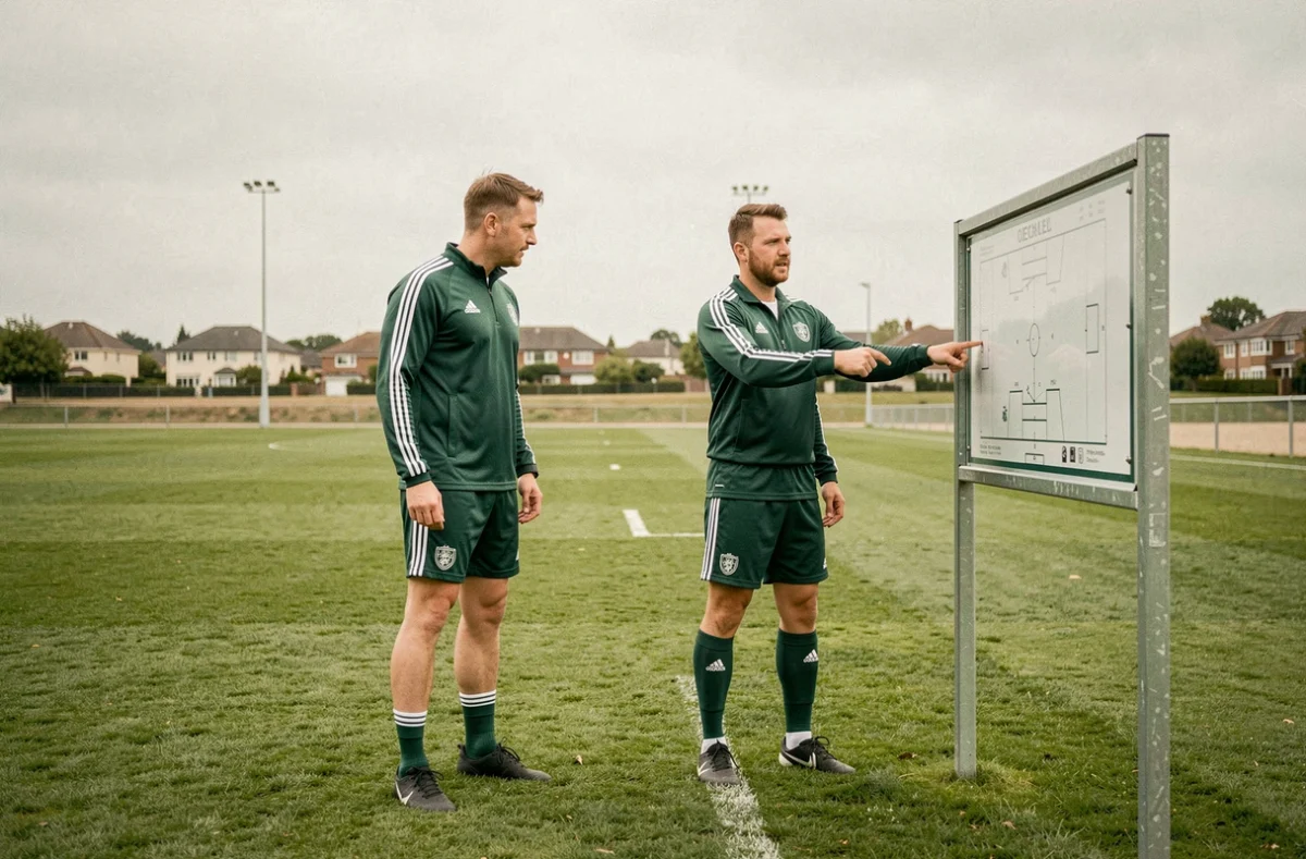Joueurs de Ligue 1 discutant de tactique lors d'un entraînement professionnel sur gazon naturel, dans le contexte des enjeux budgétaires 2026