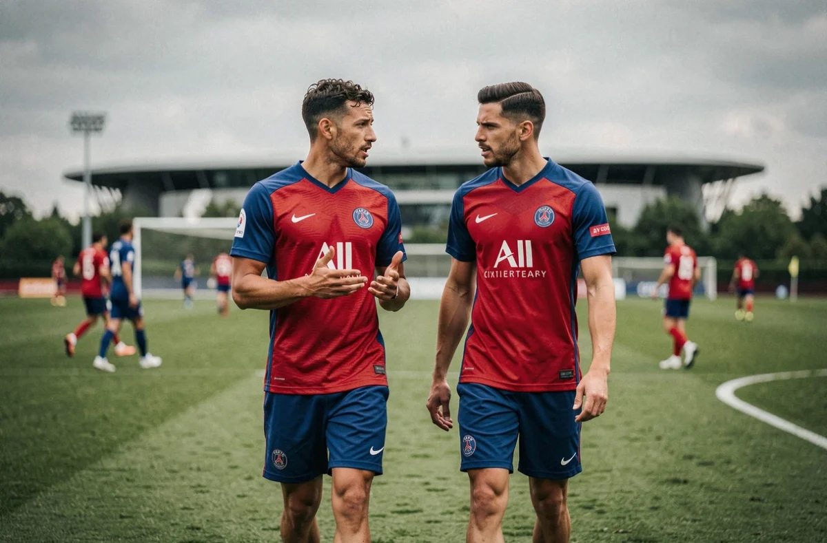 Deux joueurs du PSG en discussion lors d'un entraînement, illustrant les enjeux du onze type et des salaires en 2026