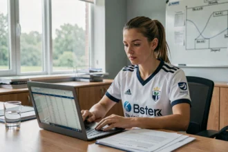 Joueuse de football professionnelle examinant des documents financiers dans un bureau de club sportif