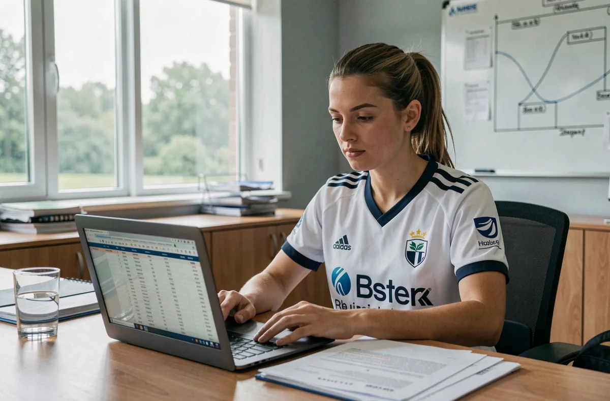 Joueuse de football professionnelle examinant des documents financiers dans un bureau de club sportif