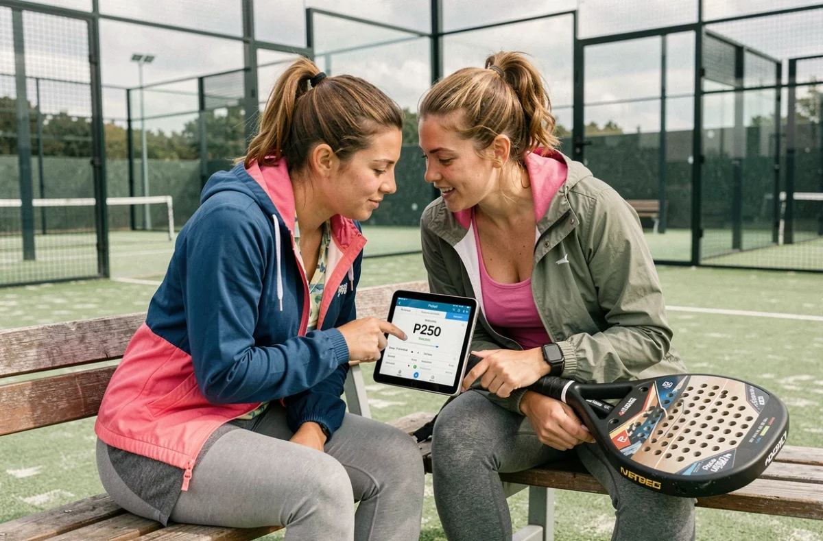 Deux joueuses de padel consultant un classement P250 sur tablette en bord de court