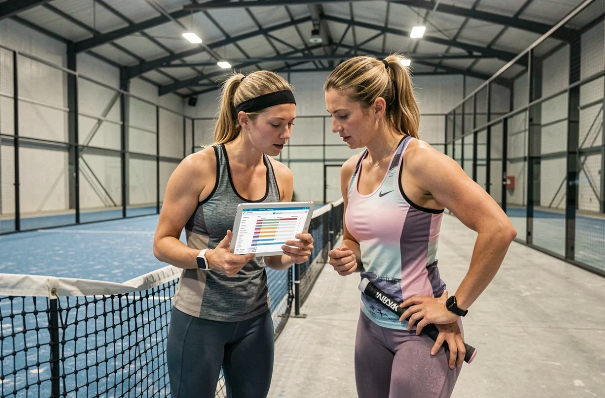 Deux joueuses de padel consultant un plan de progression annuel sur tablette près du filet d'un court intérieur, représentant une approche structurée de l'entraînement padel 2026