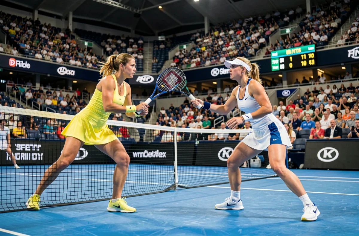 Deux joueuses de tennis professionnelles en échange sur un court en dur lors d'un grand tournoi professionnel