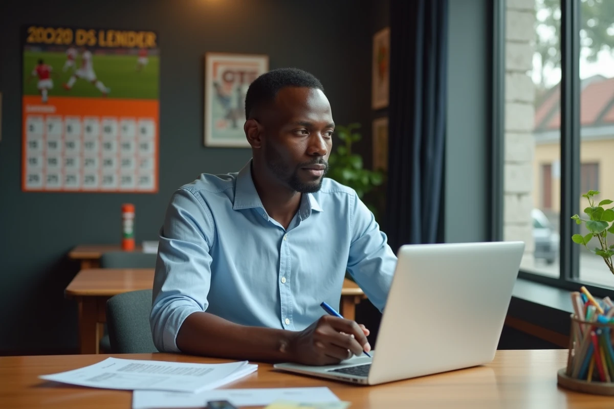 Journaliste sportif congolais en intérieur avec notes et ordinateur
