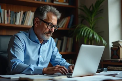 Journaliste sportif en bureau avec magazines de lutte