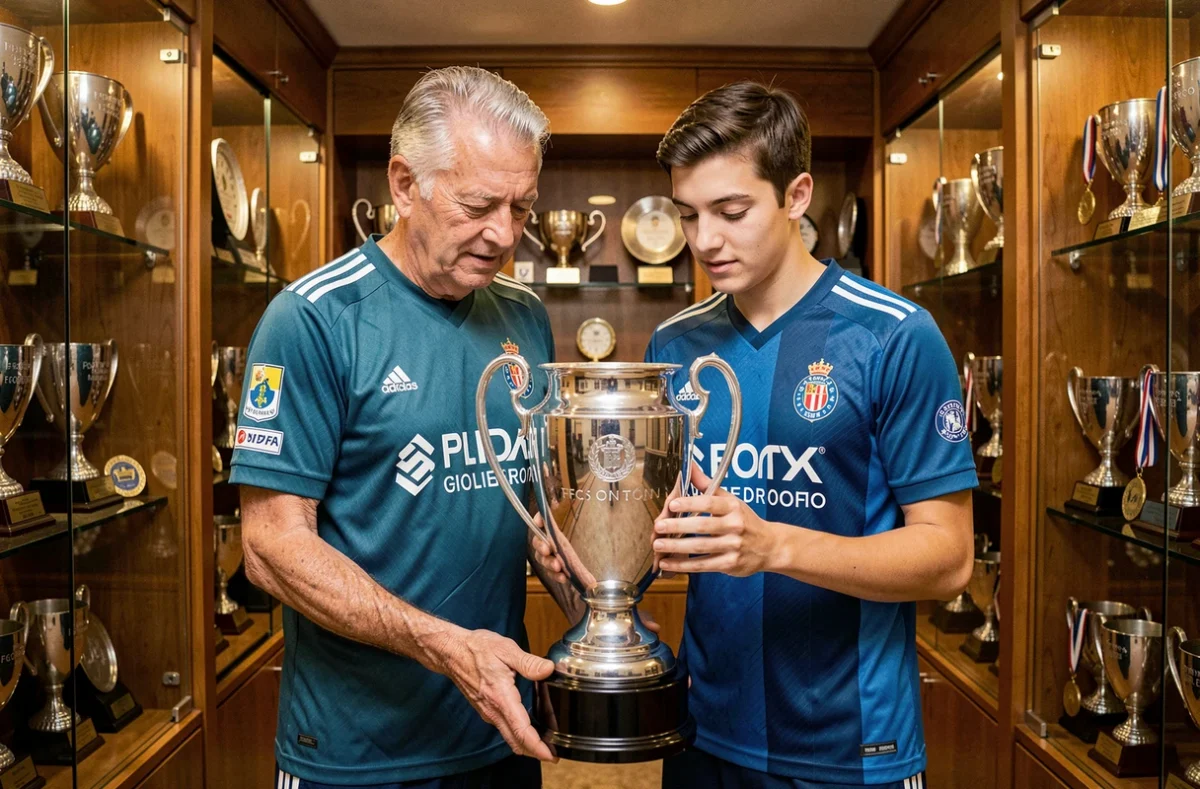 Légende et jeune talent du FC Porto réunis dans la salle des trophées du club, symbolisant la transmission de l'héritage historique du club portugais