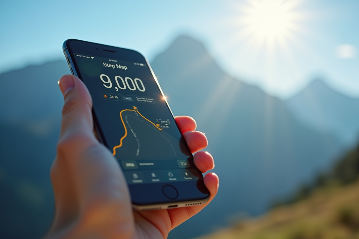 Main tenant un smartphone avec compteur de pas et carte