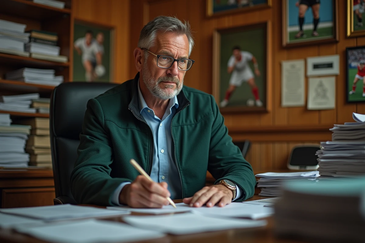 Manager de rugby en réflexion dans son bureau