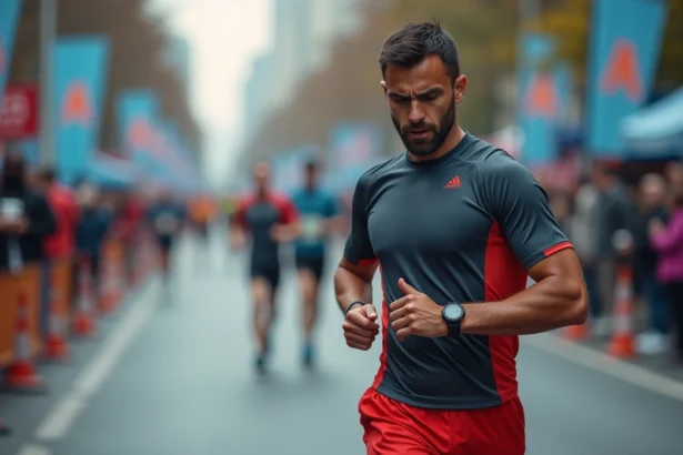 Marathonien homme frustré vérifiant sa montre lors d'une course