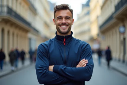 Portrait d'un jeune footballeur français professionnel en tenue athletique devant un paysage urbain parisien, illustrant l'identité et les origines familiales de Matthis Abline