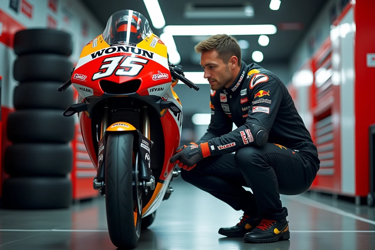 Mécanicien MotoGP inspectant les ailerons aérodynamiques d'une moto de course dans le garage des stands